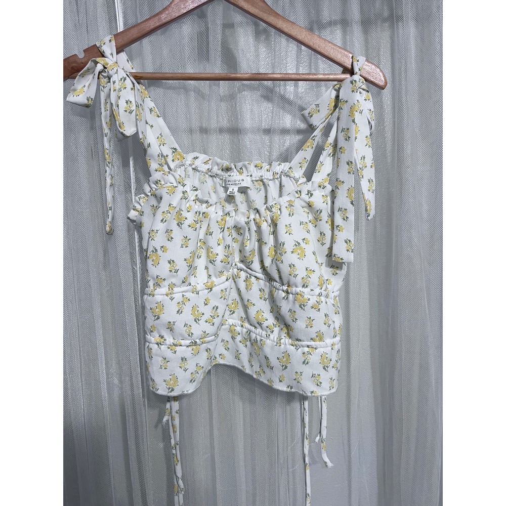 Kirious Los Angeles Floral Tie Shoulder Smocked Back Cami Top White Yellow S